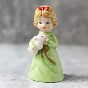 Vintage 1978 Jasco Merri Bells Girl Green Dress Bunny Rabbit Ceramic Bell Easter